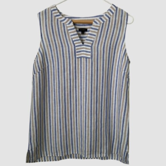 Talbots Tops - Talbots Sleeveless Linen Lace-up V-neck Top Blue, White & Tan Striped Size M NWT